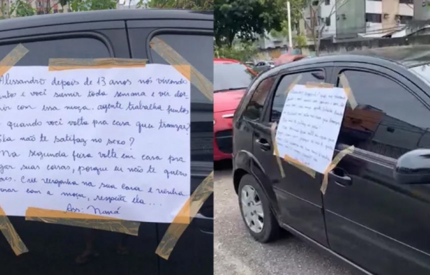Mulher descobre traição e cola cartaz de término no carro do companheiro: 'crie vergonha na cara'